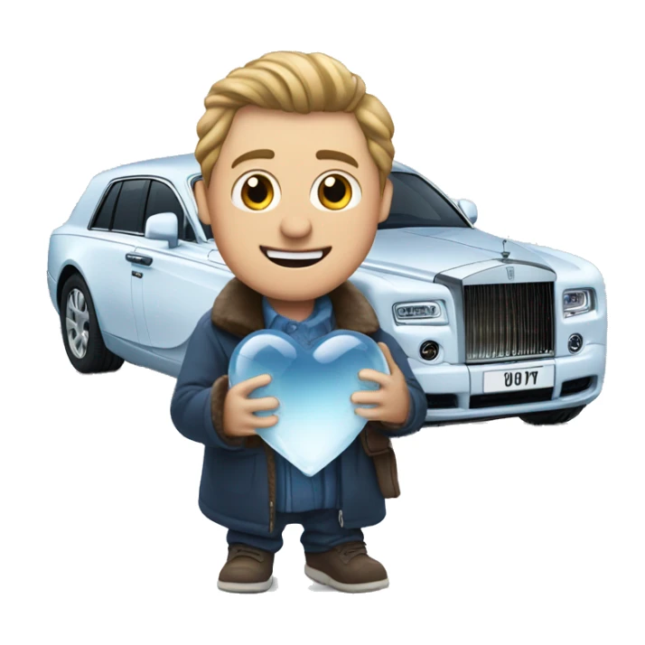 man hold frozen heart near rolls royce sticker
