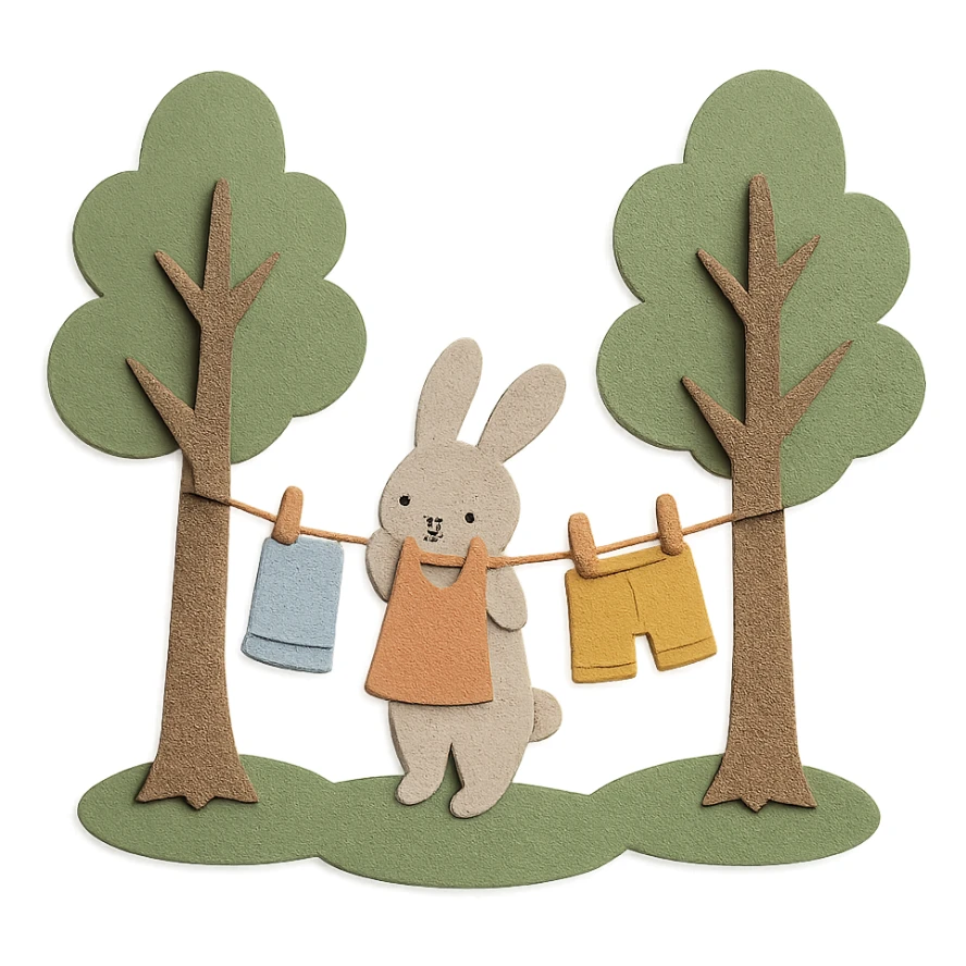 bunny hanging laundry between trees, calming domestic forest feel sticker