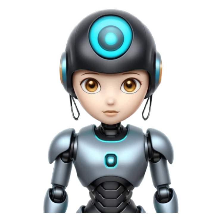 Cute futuristic chibi humanoid robot with large rounded head, add text on chest "LMX", glossy black and grey metal body, glowing cyan and amber eyes, visible joints, confident pose, white background, high-detail 3D render,  sticker