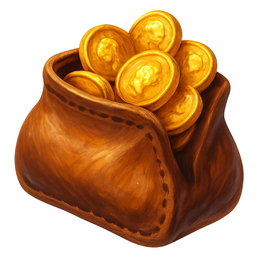 В cлегка рисованной, но при этом объемной и яркой стилистике сгенерируй картинку кожаного кошелька, из которого торчат натуральные фотореалистичные золотые монеты. Они должны выглядеть не как пластмассовые, а как настоящее золото. Прозрачный фон sticker