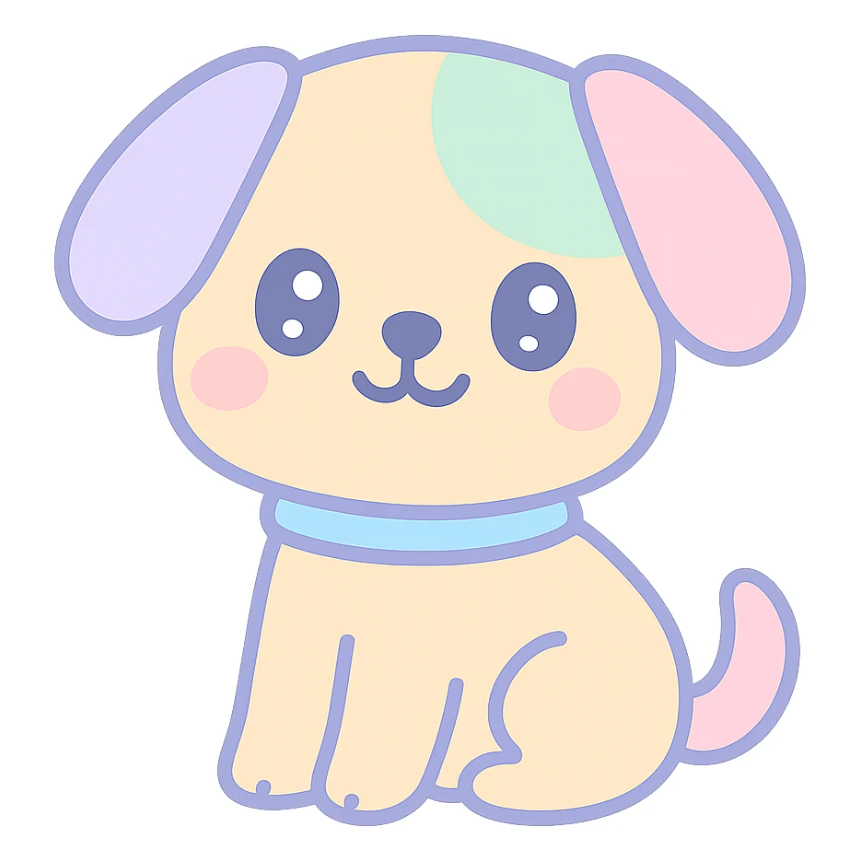 {
  "style_description": {
    "overall_look": "Cute, minimal, and soft with a friendly and playful tone",
    "material_simulation": {
      "primary_material": "flat digital color",
      "texture_detail": "smooth surfaces with no texture or shading",
      "pattern": "none or very simple decorative accents (e.g., hearts, stars)"
    },
    "geometry": {
      "edge_style": "rounded, soft curves with no sharp angles",
      "dimensionality": "flat two-dimensional appearance with simple shapes"
    },
    "color_palette": {
      "scheme": "pastel and light tones",
      "preferred_colors": ["pink", "mint", "lavender", "baby blue", "peach"],
      "contrast": "low contrast with bright accents"
    },
    "facial_features": {
      "eyes": "large, sparkly, often oval or circular",
      "mouth": "small, often a simple curve or dot",
      "expression": "joyful, innocent, or calm"
    },
    "lighting": {
      "type": "none or implied with soft highlights",
      "purpose": "maintain a clean and cheerful look"
    },
    "render_constraints": {
      "avoid": ["realistic shading", "high detail", "dark themes", "texture noise"],
      "focus_on": ["cute expression", "iconic simplicity", "emotional warmth"]
    },
    "background": {
      "color": "white or soft pastel",
      "style": "plain or patterned with simple icons (e.g., polka dots, stars)",
      "lighting_consistency": "no shadows, evenly lit feel"
    }
  }
}

{subject} = dog sticker