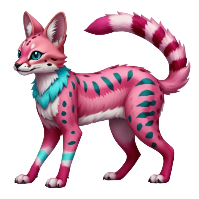 Epic complex detailed sanguine-red magenta pink white pastel realistic aesthetic-scenic-Fakémon-Trico-Sergal-Serval-Vernid-creature with cyan markings  sticker