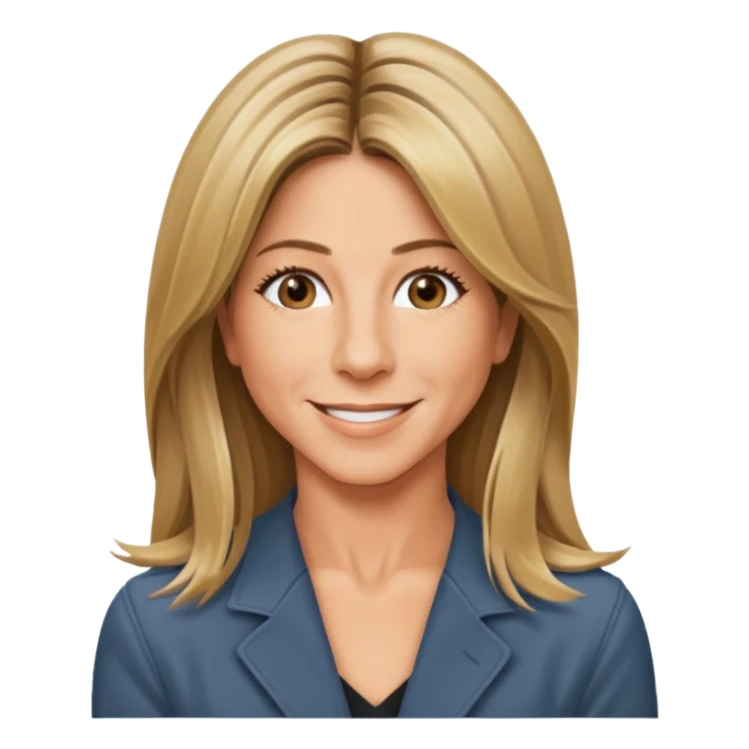 Jennifer Aniston emoji icon, smiling, classic 90s look, minimal details sticker