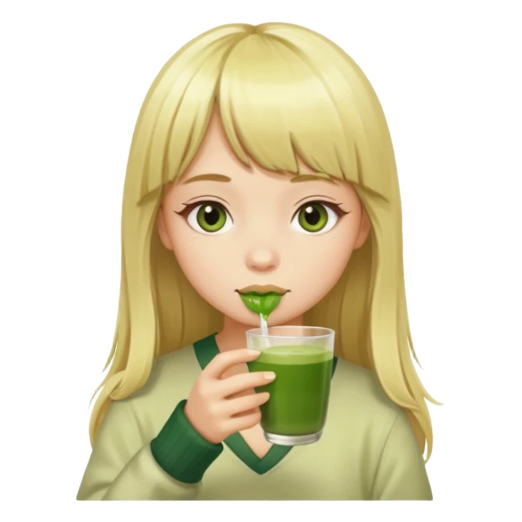 a girl have long blonde hair with bangs drinking matcha sticker