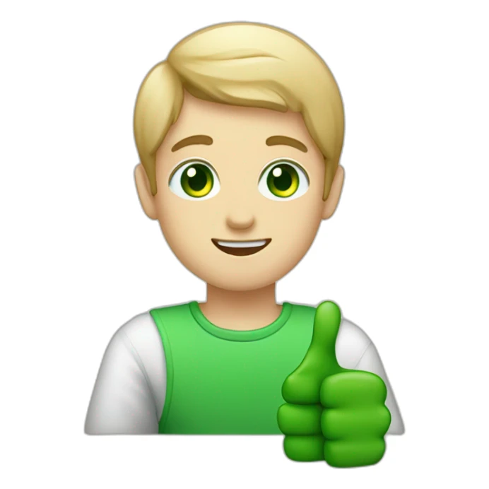 boy doing thumbs up with green eyes and dyed white sticker