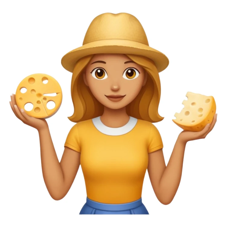 woman holding cheese sticker
