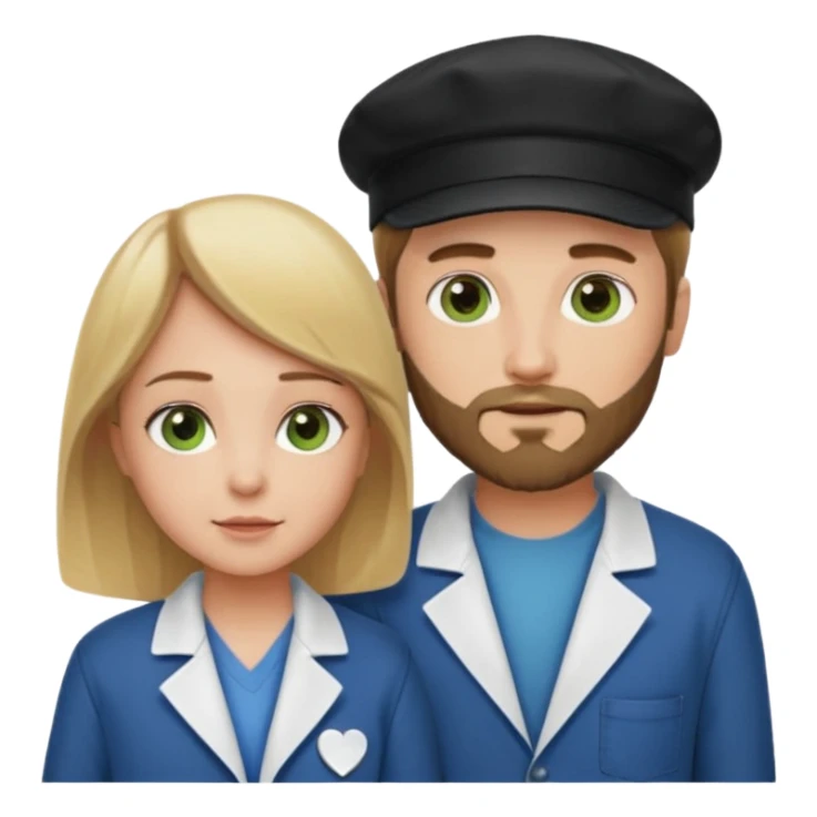 a blonde bearded guy wearing black cap, tall, fair skinned, brown eyes,  looking into the girls eyes who is short than him having green eyes and brown hair, who is in love with the guy, girl is wearing a lab coat, guy is wearing a brown jacket and blue jeans sticker