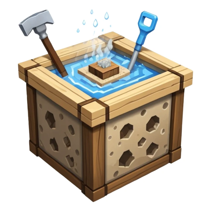 crafting table with tools, stone, wood, glass, sand, steam, water... like a minecraft style cube crafting table 100% like a minecraft cube sticker