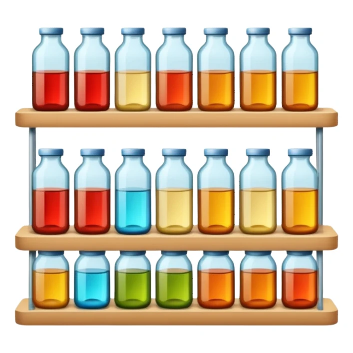 "Each product is stocked in multiple units placed directly behind one another on the same shelf, forming deep horizontal lines of identical items, while different product types are arranged vertically in separate columns." sticker
