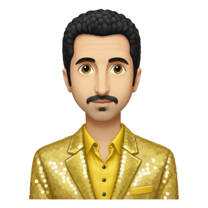Serj Tankian with ivory sequin jacket, yellow shirt sticker