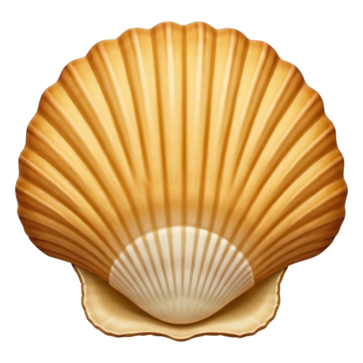 A madeleine pastry. Oval seashell shape with ONLY four to five vertical lines going in the same direction. Light golden brown. Scalloped edge. Cookie. Flat. Long. Oval shape. Lets scallops. Only four or five scalloped lines. Oblong shape. More length. Less roundness. More vertical length sticker