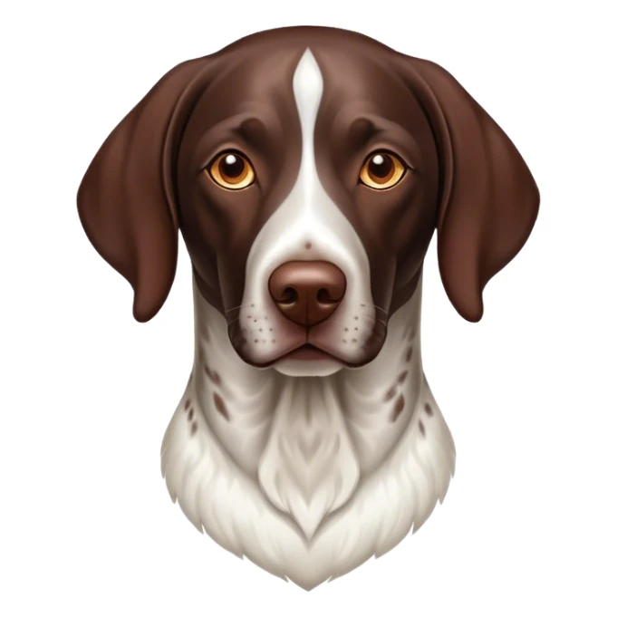 Cinematic Noble German Pointer Portrait Emoji, Poised and regal, with a lean, athletic build and a sleek, short coat in liver and white, deep-set soulful brown eyes, Simplified yet sharp and sophisticated features, highly detailed, glowing with a soft, dignified glow, high shine, intelligent and driven, stylized with an air of determination, focused and attentive, soft glowing outline, capturing the essence of a watchful and commanding hunter, so majestic it feels as though it could sprint out of the screen with effortless authority! sticker