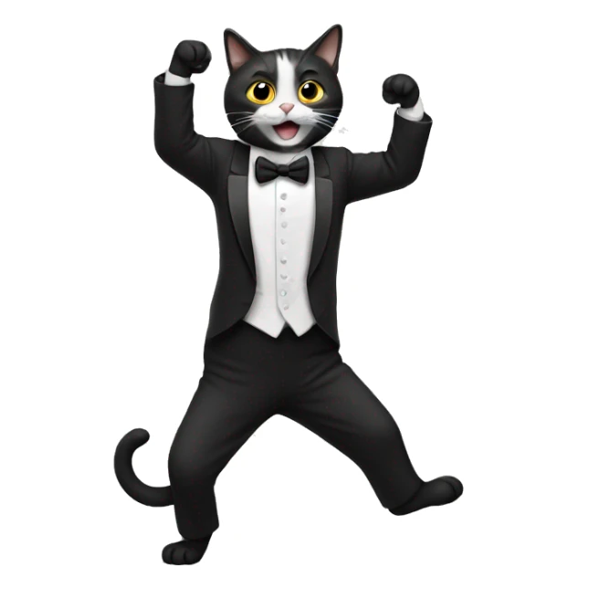 Cat dancing to the right in a tuxedo sticker