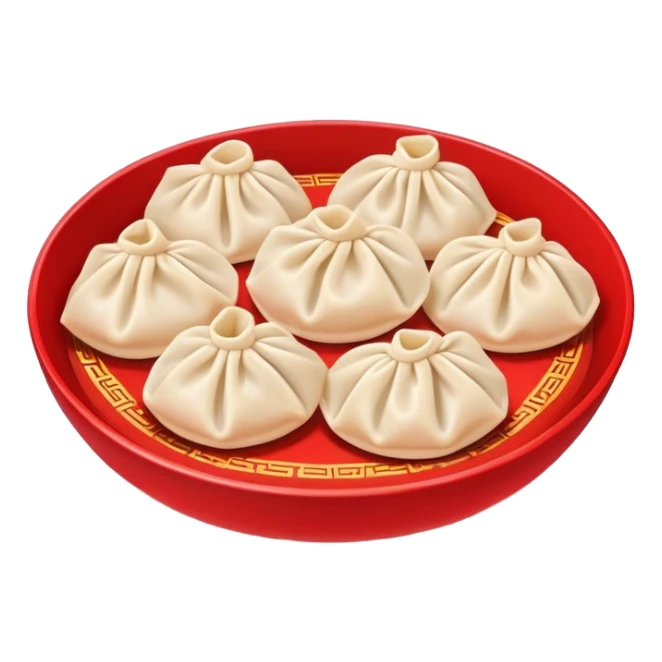 Chinese New Year dumplings Jiaozi with red background elements, simplified emoji style with bold outlines and bright colors, cartoon style festive food sticker
