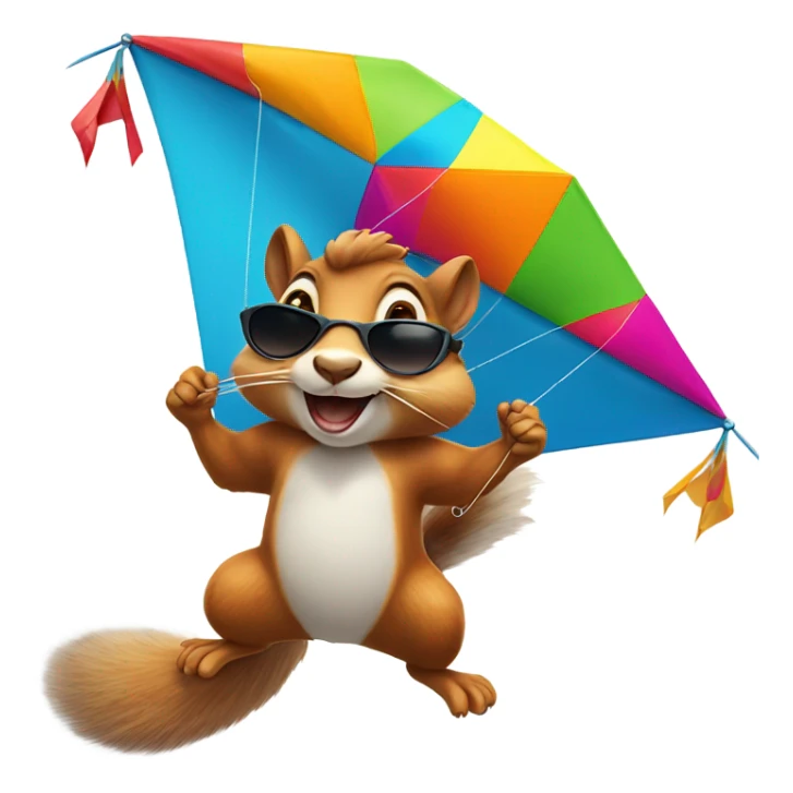 A squirrel flying a kite with sunglasses on sticker
