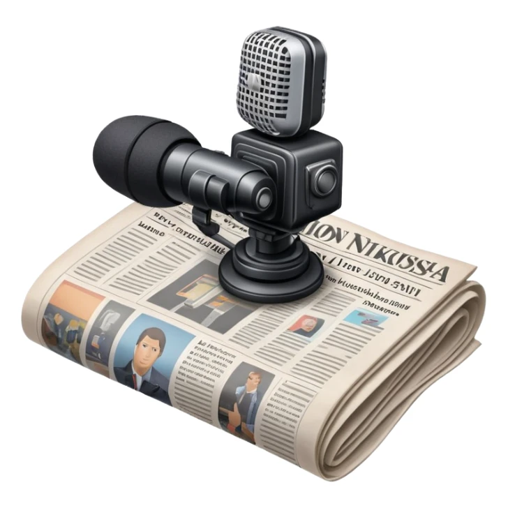 An icon featuring a microphone, a newspaper, a professional camera Nikon D5, representing journalism and mass media. The design includes headlines and imagery, symbolizing the spread of news and information. Transparent background highlights the power of communication and media. sticker