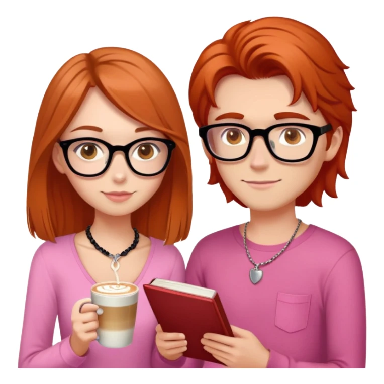brunette haired girl with hazel eyes drinking latt, hair just below shoulder length and wearing a pink shirt, also with a necklace. Put her with her boyfriend who has orange/red hair, black glasses, and is taller than her. He needs a book in his hand  sticker