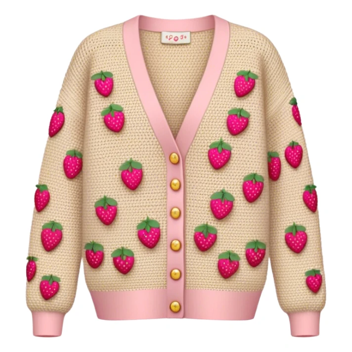 beige crocheted cardigan embroidered with small pink strawberries sticker