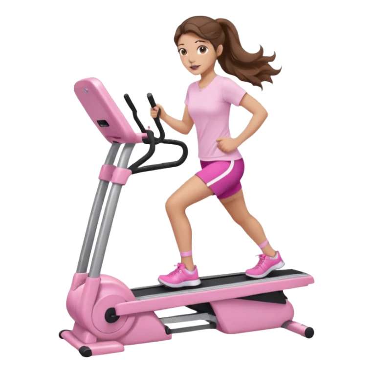 girl with wavy long ponytail brown hair, brown eyes, light to medium complexion, long lashes, light pink lipstick, wearing light pink shirt, on a stairstepper workout machine sticker