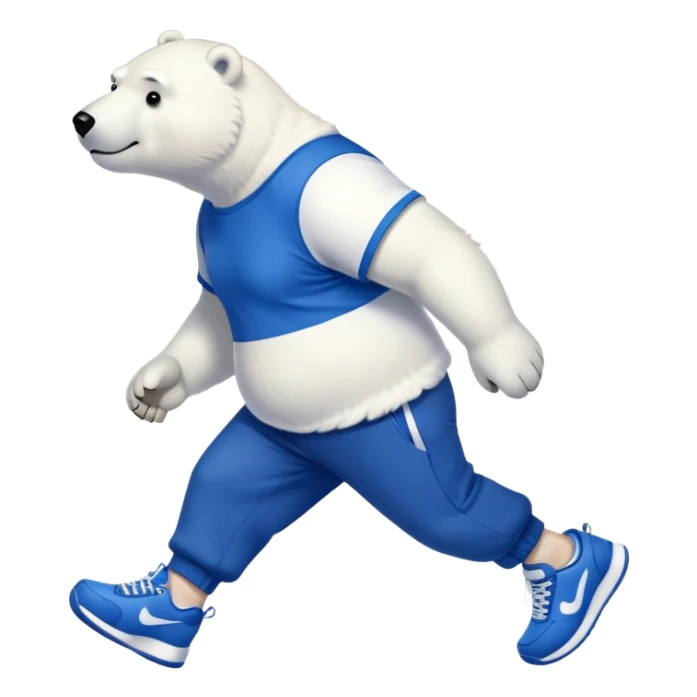 strong-looking friendly anthropomorphised polar bear walking with a confident stride, wearing a royal blue t-shirt, black pants, and trainers sticker