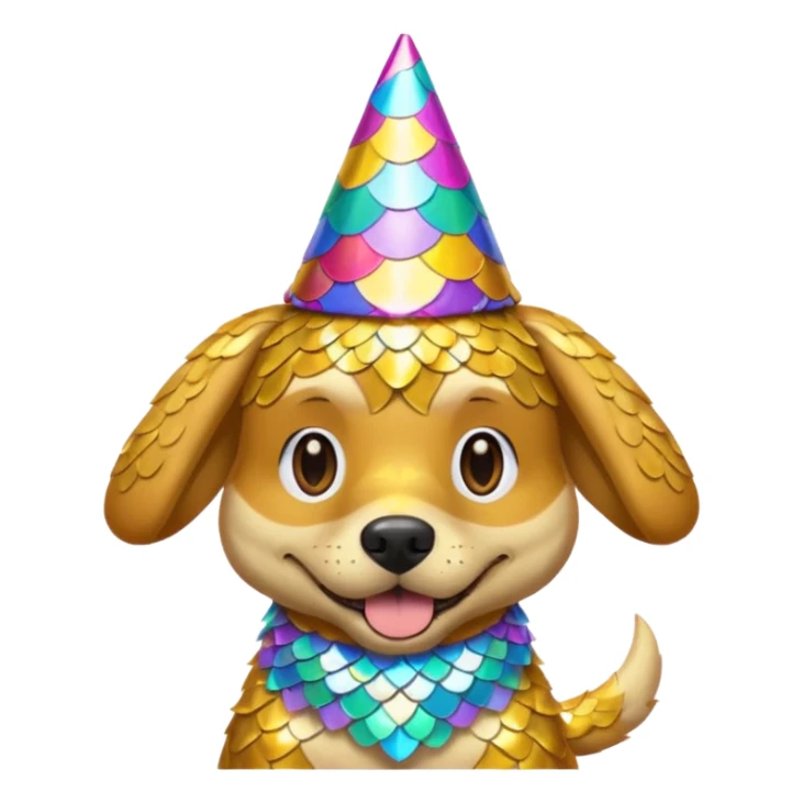 dog covered in shiny scales, wearing a party hat, emoji style sticker