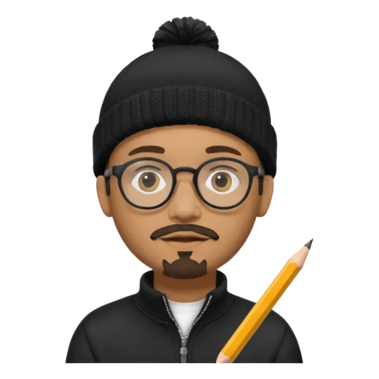 A creative young man with a pencil, glasses and a beanie. He holds a pen in his hand. He has a slight moustache and bit of a beard. He's a lightskin black man. He wears a black quarterzip jumper sticker