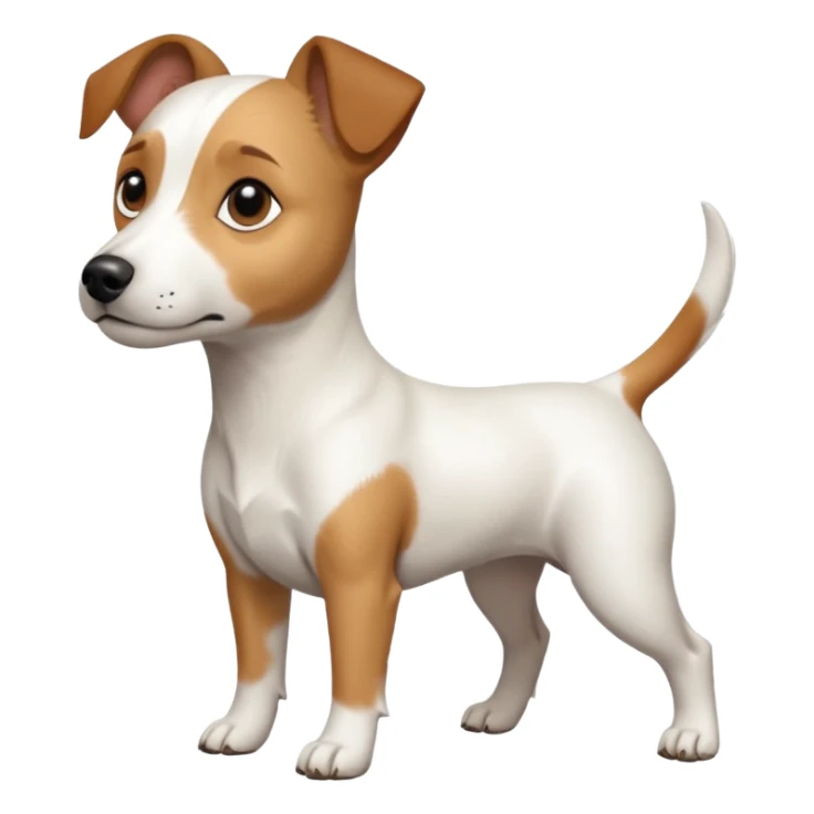 a full body white jack russel looking dog the size of a kelpie with light brown ears and a light brown patch on one eye, flopped down ears and a large snout sticker