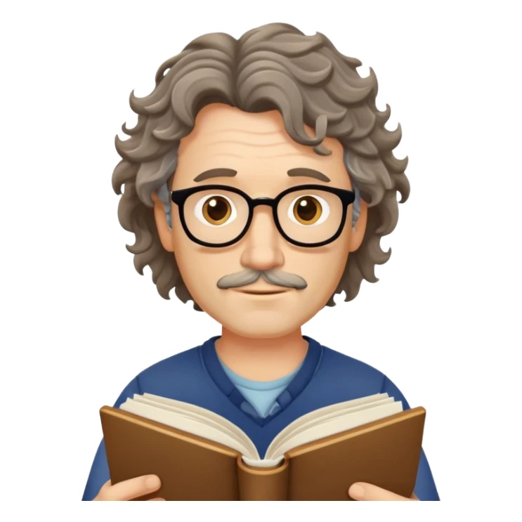 middle-aged man with unkempt wavy hair, no glasses, reading a book sticker