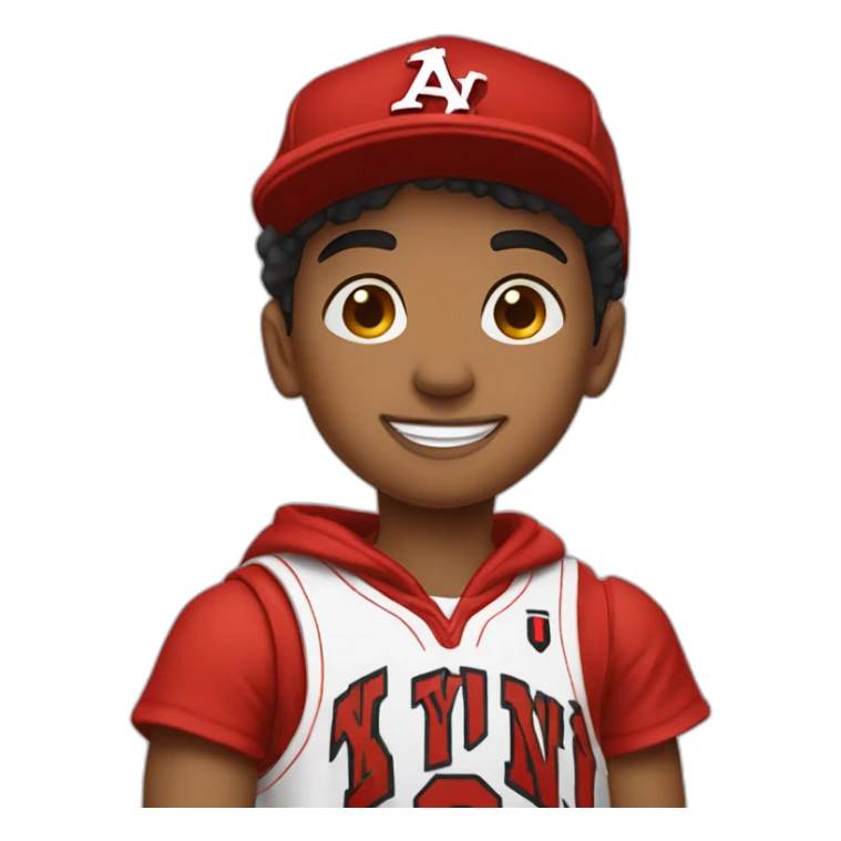 Morocho boy in red attire with a red NY cap red and Jordan Retro 4 red🌟. sticker