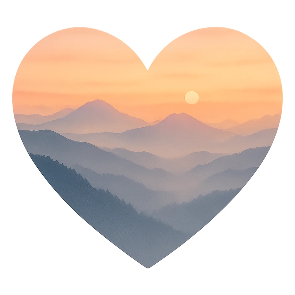 heart with a misty mountain sunrise theme, clean digital illustration sticker