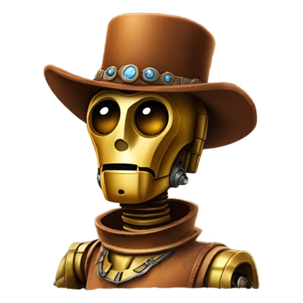 wild west Bounty hunter C3po wearing a small hat relaxed pose bearded rusty sticker