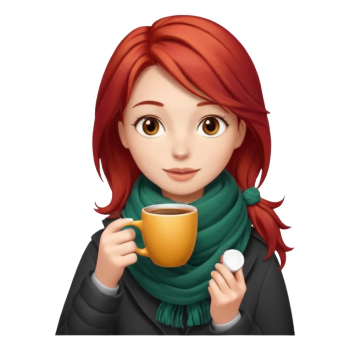 a girl drink with red layer hair, having scarf, drink coffee, enjoy sticker