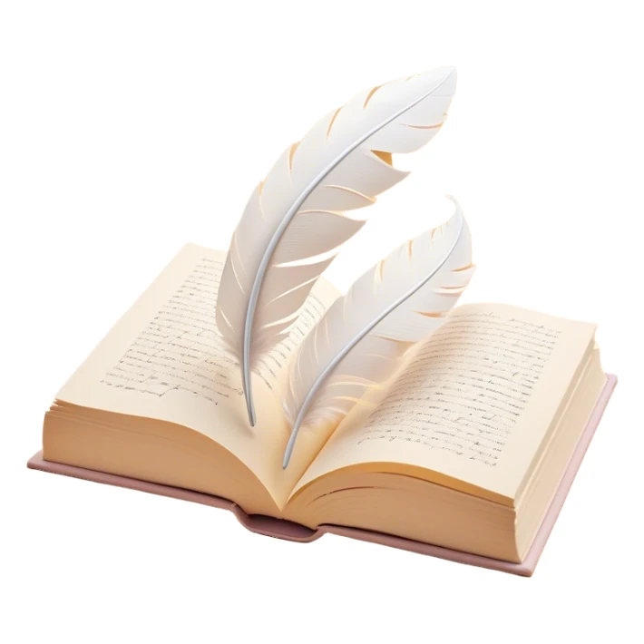 Create a delicate and poetic emoji representing poetry. The design should feature several elegantly flying pages with short poetic columns written on them. The pages should appear light and flowing, almost as if being carried by the wind. Include a white feather gently resting on the pages, symbolizing creativity and inspiration. Use soft, pastel tones like light creams to give it a dreamy, artistic feel. The design should feel ethereal and whimsical, capturing the essence of poetry. Make the background transparent. sticker