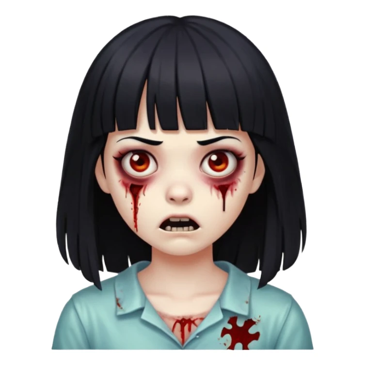 zombie girl with black hair and bangs, scary expression sticker