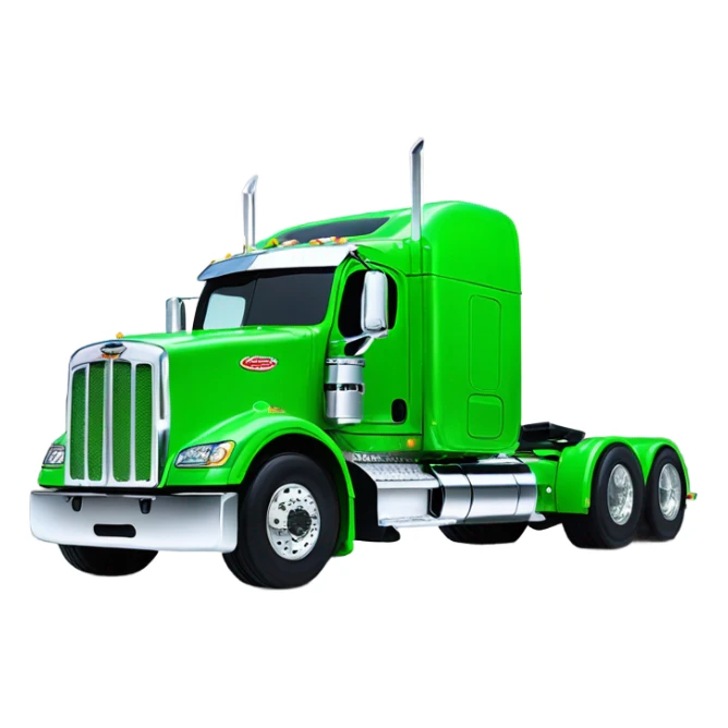 neon green peterbilt semi truck lowered on the ground with large chrome wheels and chrome smoke stacks profile view sticker
