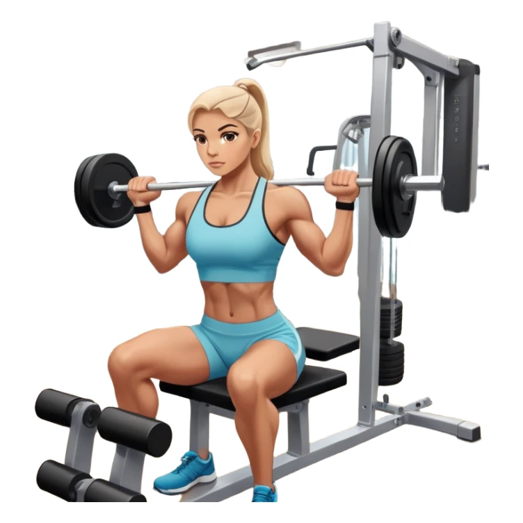 A focused athlete working out on a strength training machine in a modern gym. Muscles engaged, expression determined, demonstrating power and endurance. The gym is filled with equipment like dumbbells, barbells, and mirrors reflecting effort, creating a high-energy atmosphere. sticker