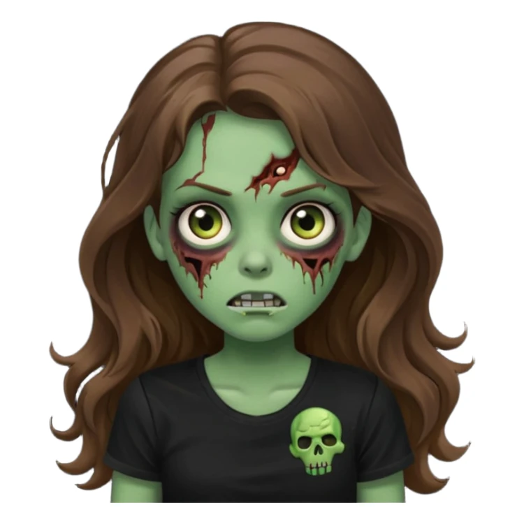 crie uma garotazoombie cabelo ondulado 2c longo castanho castanho comprido e blusa básica preta sem nada com pele esverdeada com rosto fofo sticker