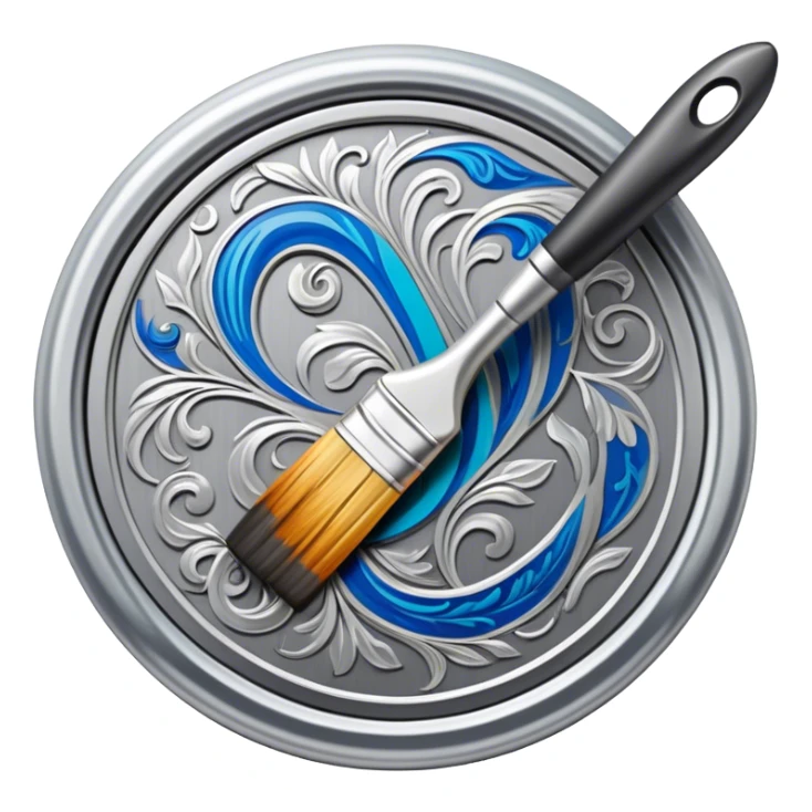 Metal painting icon, intricate hand-painted metal surface with detailed patterns, visible paintbrush, metal tools, and vibrant enamel or acrylic paints, no finished artwork, just the painting process, minimalistic style, clean lines, transparent background. sticker