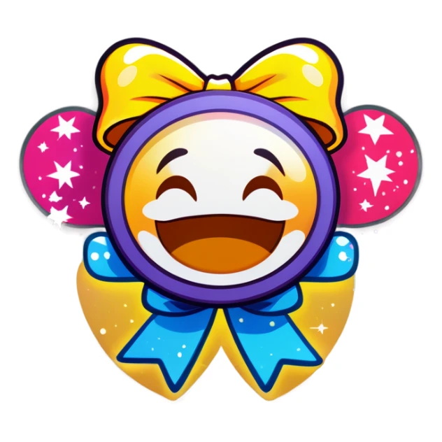 Smiling emoji with bow on top with sparkles around sticker