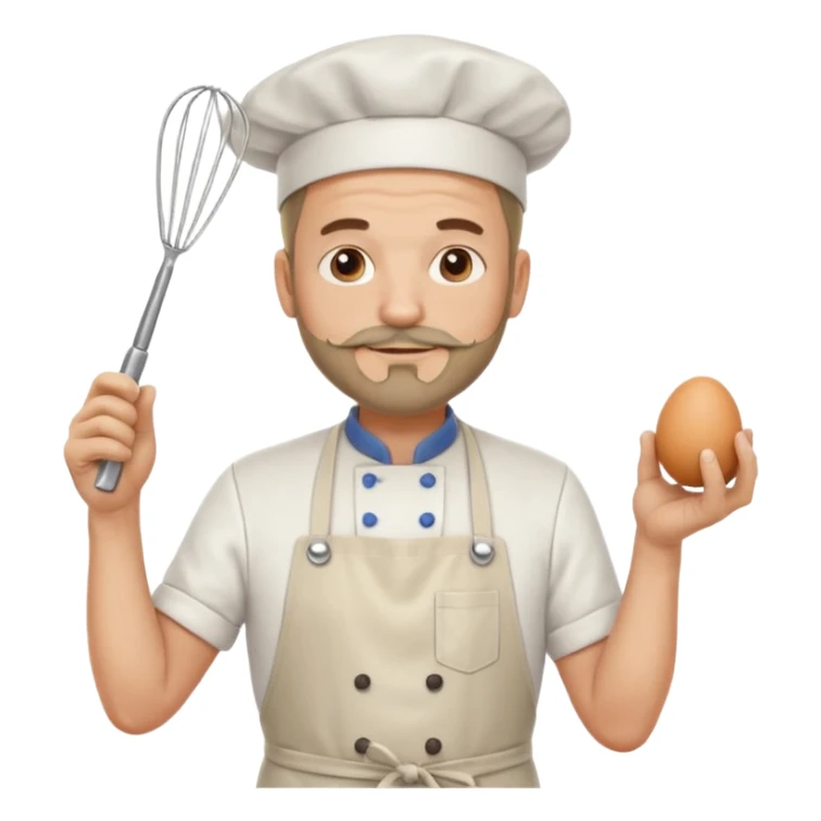 Middle aged male pastry chef - with a small beard, apron, white hat, holding an egg beater in one hand and naturally drooping in the other hand sticker
