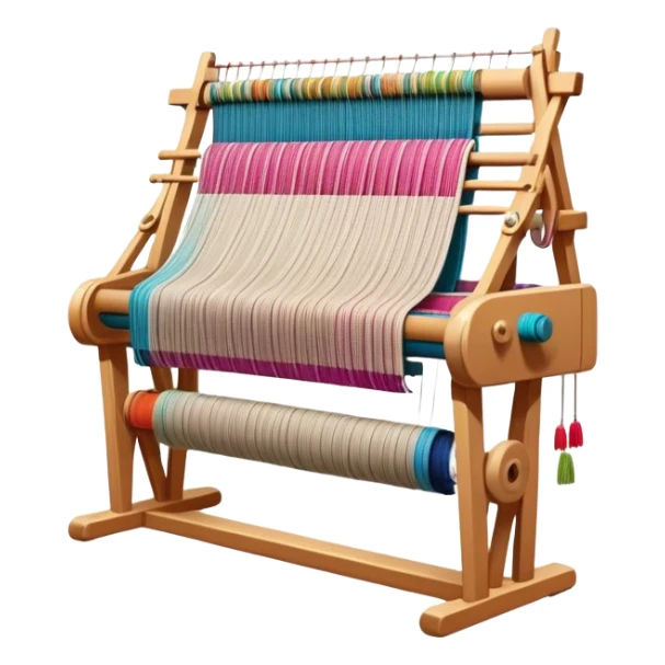 Create an icon that represents the hobby of weaving. The design should include a loom, threads, and a partially woven fabric, along with a piece of colorful fabric and sewing patterns. Include a representation of finished clothing, like a simple shirt or dress, made from the woven fabric. The composition should feel balanced and harmonious, reflecting the creative and intricate process of weaving and sewing. The background should be transparent. sticker