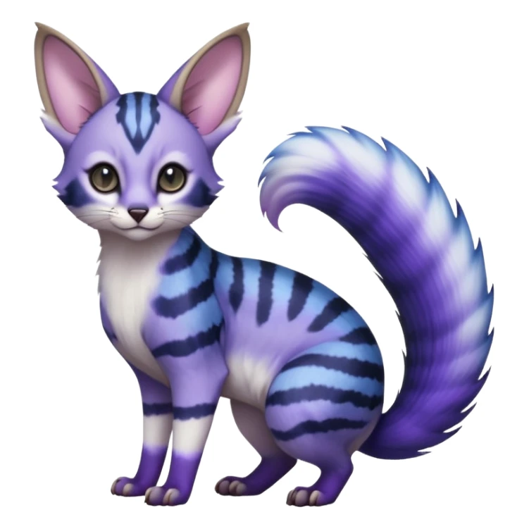 Hyper-realistic Blue-indigo-purple-violet-gradients divine beautiful elegant pretty precious cute young youthful  Fakémon-Pokémon-alien-opossum-feline-serval-caracal-chinchilla-Minccino-hybrid-creature with a big fluffy bushy striped tail (full body) sticker