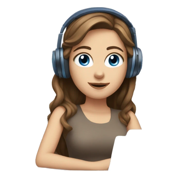 white girl at desk, brown hair, blue eyes, computer, headphones sticker