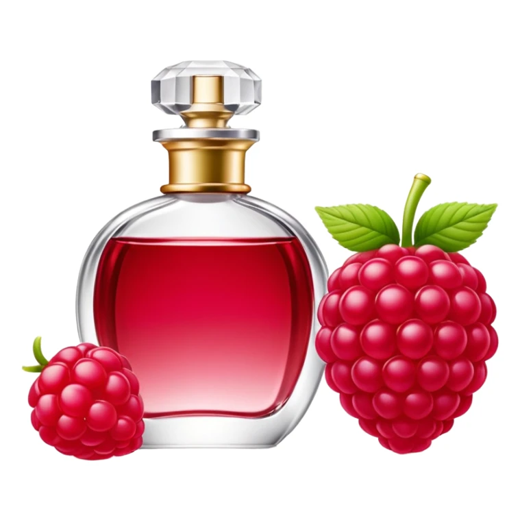 AVON women's perfume bottle next to a raspberry-shaped bottle sticker