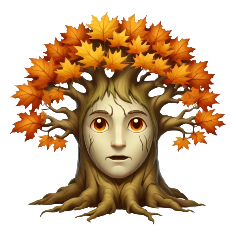 An ancient, psychic tree evolves by absorbing the essence of fallen autumn spirits, sprouting a radiant, maple-crowned face that channels both forest wisdom and fiery seasonal magic through its gnarled, all-seeing trunk. sticker