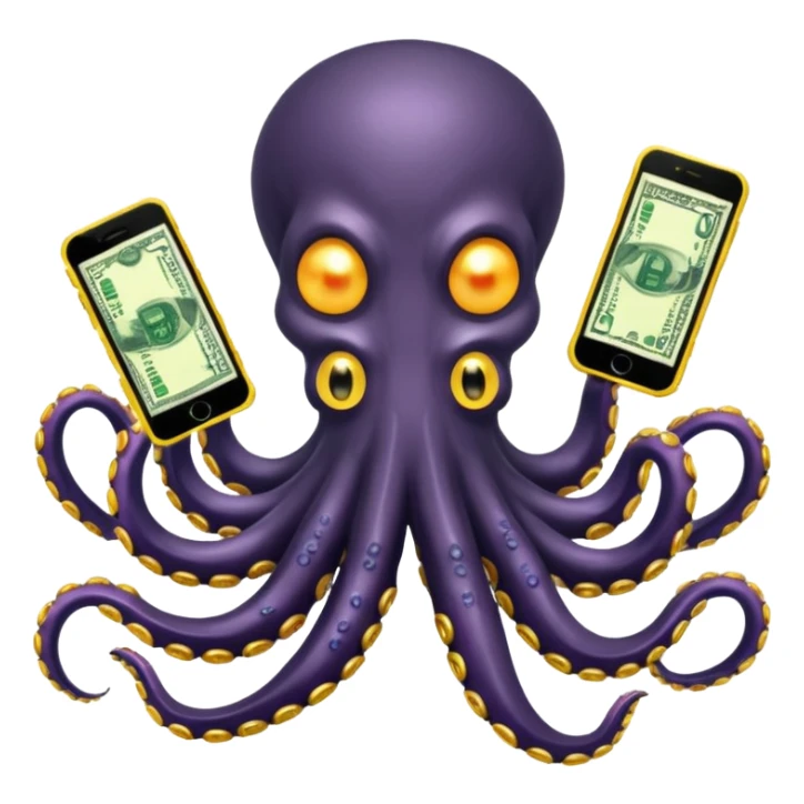 Intimidating octopus with pearl black skin, neon suction cups. Evil glaring eyes. Wearing a thick gold chain. 2 tentacles are holding their own cellphone, 2 more tentacles are holding stacks of money. sticker