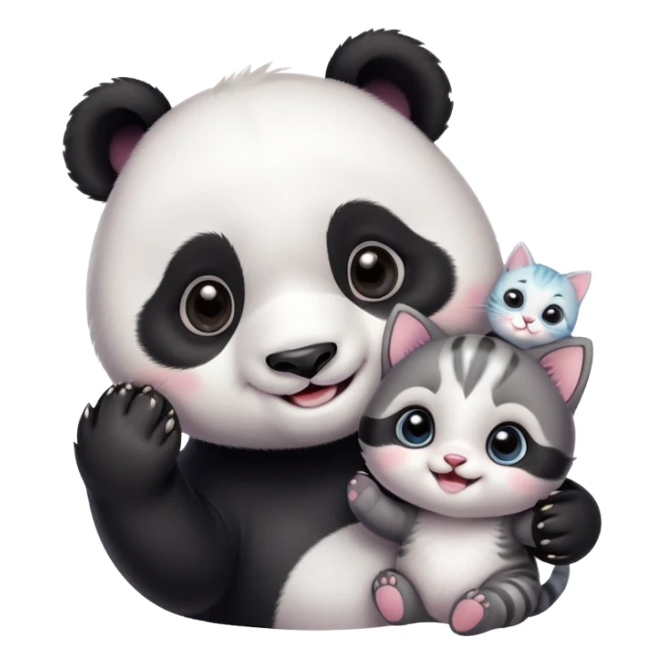 A cute baby panda taking a selfie with a small kitten, both smiling and looking at the camera, cartoon style, pastel colors, soft background, ultra cute, kawaii style, detailed, high resolution
 sticker