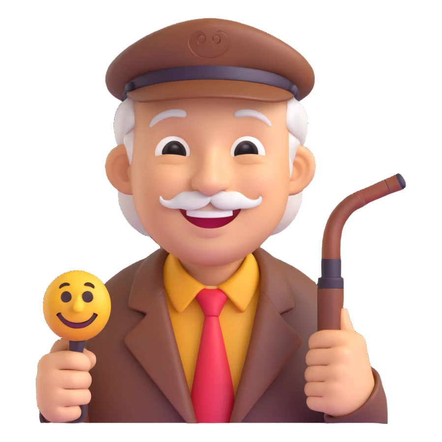 3D smiley emoji, round shape, grandfather with pipe, brown color, smiling face sticker