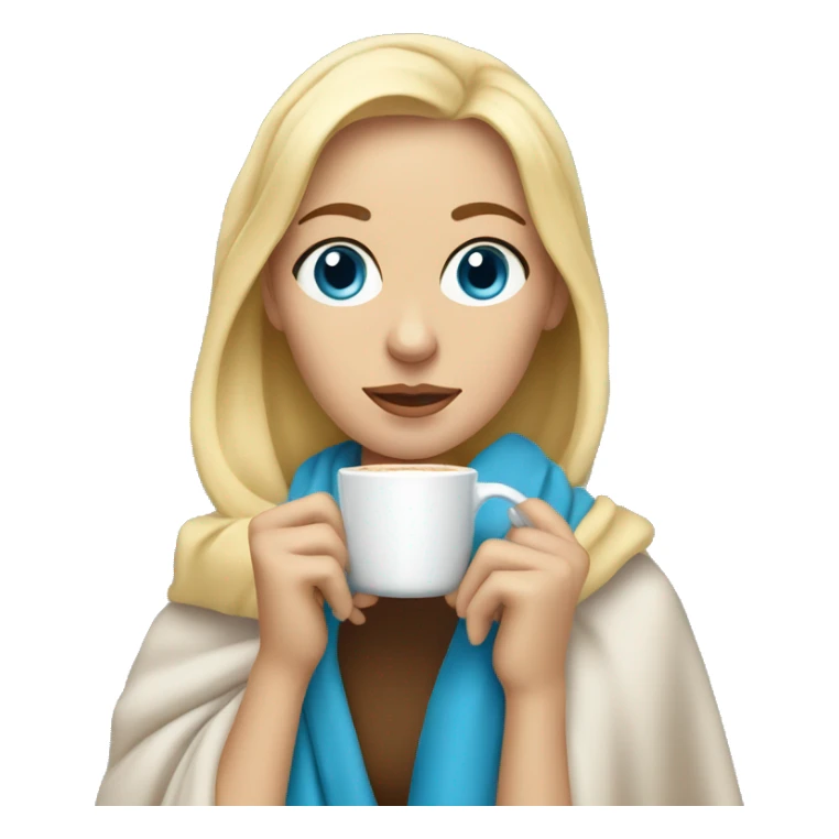 Blonde woman with blue eyes wrapped in blanket drinking coffee sticker