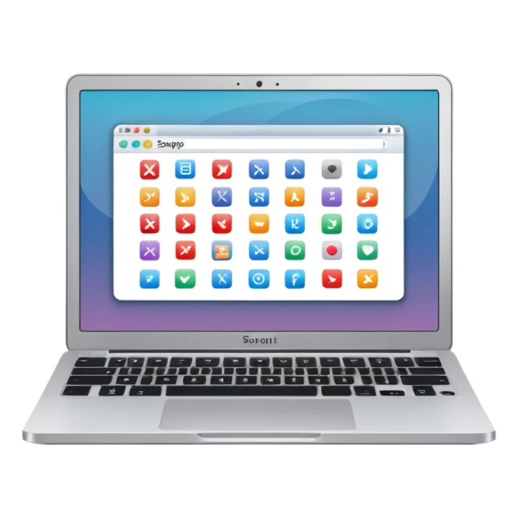 laptop emoji with homepage layout on screen showing small symbols for art, music, and design sticker